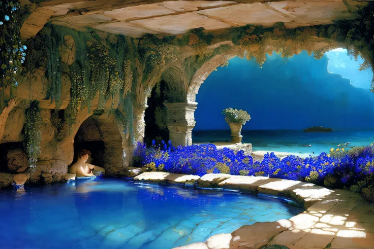 Inner cave, Cobalt Blue Ocean, fleurs, Village Alma Tadema