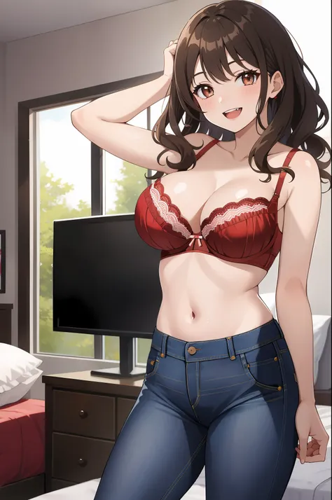 1girl, brown hair, wavy hair, grey eyes, big breasts, (((red bra))), (((jeans)), hand on head, dientes apretados, happy smile, bedroom