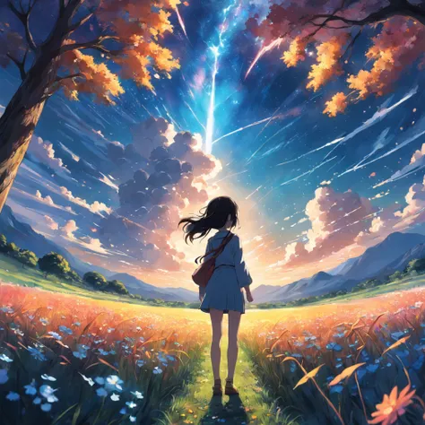 Makoto Shinkai, expansive landscape photograph , (a view from below that shows sky above and open field below), a girl standing on flower field looking up,  ( shooting stars:0.9), (nebula:1.3), distant mountain, tree BREAK production art, (warm light sourc...