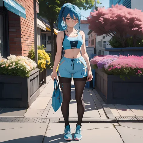 (masterpiece), (1girl, solo, alone:1.1), full body shot, beautiful anime girl, standing, legs separated, 18 years old, park, flowers, sexy, long legs, long hair, 1 ponytail, half hair is pink half hair is blue, blushing, aqua, sneakers, 1girl, ((black pant...