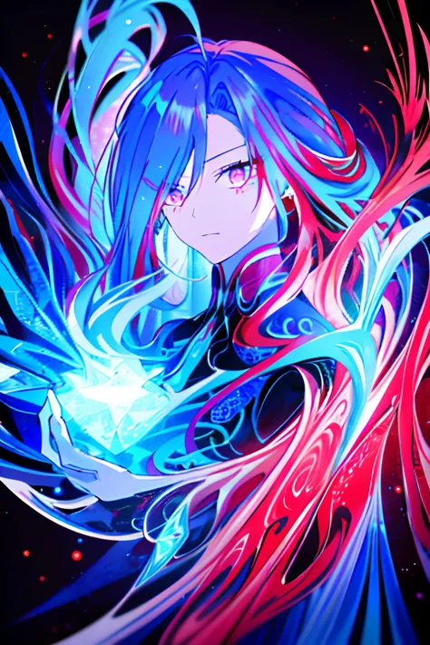 realisticlying、Masterpiece quality、best qualtiy、offcial art、Beauty and aesthetics：1.2、Very detailed fractal art、Colorful abstract background、Kizi、Kamimei、The color hair、long whitr hair、luminous red eyes、Mysterious magic、Girl of Ice and Fire，Red and blue co...