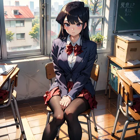 komishouko, masterpiece, best quality, absurdres, 1girl, looking at viewer, v arms, pantyhose, classroom, school uniform, red sk...