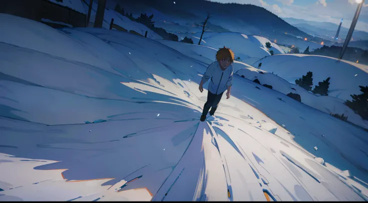 denji em um campo com neve