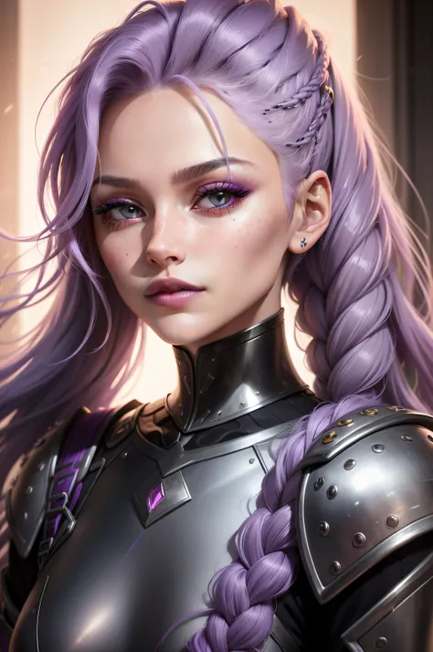 a close up of a woman,long choppy light purple hair, braided over the left shoulder, purple lipstick, beauty spot on the left cheek, photogenic details on armor, sliver ice color reflected armor, fuchsia skin,focus on face, exquisite helmet detail, black f...