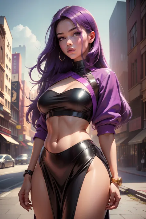 (MiJungdef), bbyorf, (Masterpiece:1.2), (Best Quality), (perfect face), perfect skin, (detailed body:1.3), (detailed face:1.2), (rendered eyes:1.3), 80s_jiaopian, 1girl, giant breasts, ((realistic)), (purple eyes), ((purple hair)), (medium hair), ((photore...