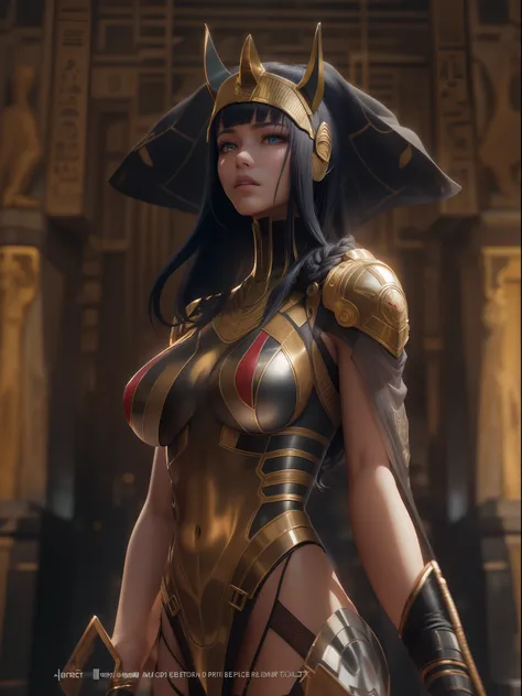 (striped veil covering the entire head), Slim body semi-covered by Egyptian technological clothing based on the sphinx, Neon Genesis Evangelion style, cyberpunk, lots of gold jewelry and rubies, action pose, ((Best quality)), ((masterpiece)), (detailed: 1....