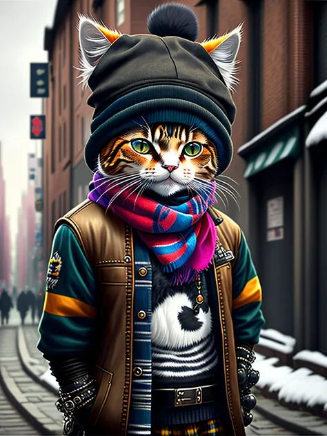 picture of a cat in a hat and scarf, art station trend, dressed in punk clothes, hyper realistic detailed rendering, british gang member, urban style, intimidating pose, planet of cats, fashion clothes, urban samurai, meow, west slavic traits, 8 1 5