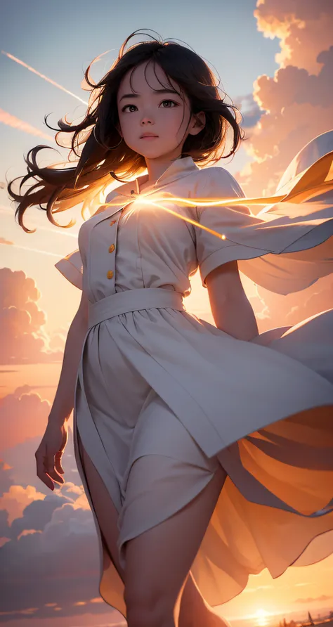 masterpiece, best quality, movie still, 1girl, cloud girl, floating in the sky, close-up, bright, happy, warm soft lighting, sunset, (sparks:0.7)