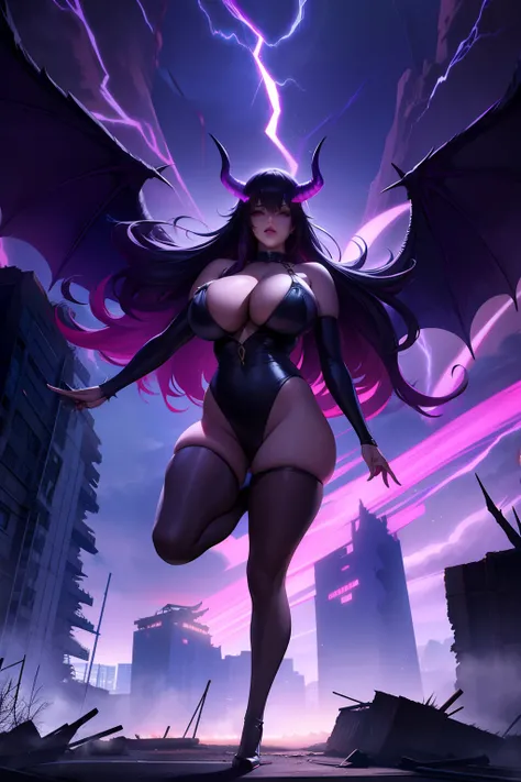 Lisa Ann as a hyper-giant, Hyper-powerful demon with a demon horn on its head and demon wings, and throws purple lightning bolts at a building, ville en ruine post apocalyptique,