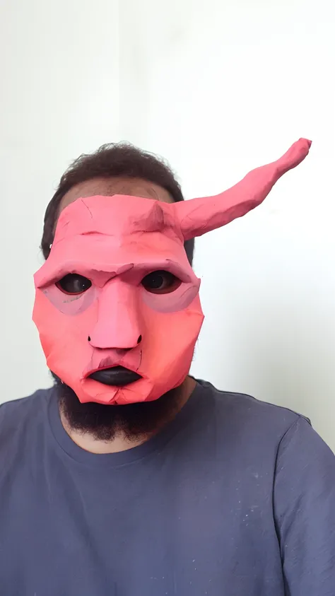 Man with a pink mask and a goats head, como um personagem claymation, wearing giant paper masks, Personagem Claymation, feito de argila, Broken mask, modelo de argila, cara vermelha, pele de argila apodrecida, argila abstrata, villain wearing a red oni mas...