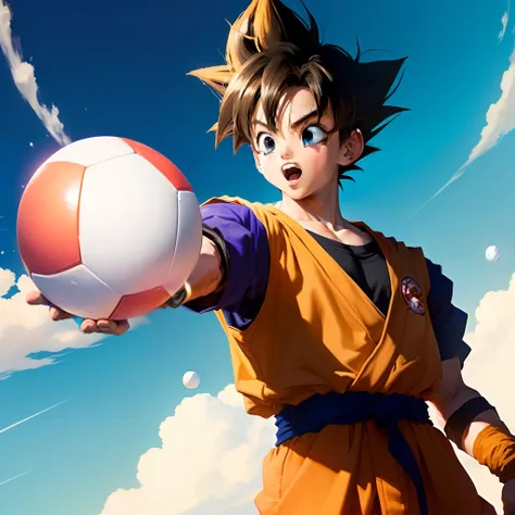 A boy throwing ball at goku