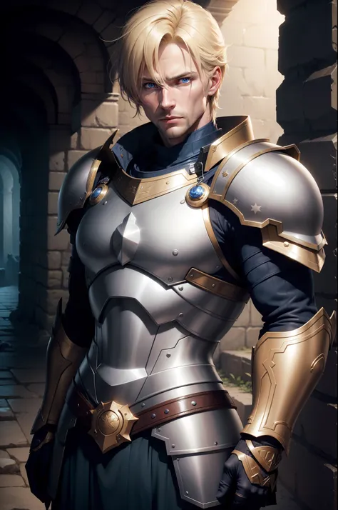 realistic 8k image of a blond man, 35 years old, blue eyes, short hair, strong, disdainful expression, dressed in silver RPG warrior outfits with golden shoulder pads, standing in a large underground dungeon, anime-style art