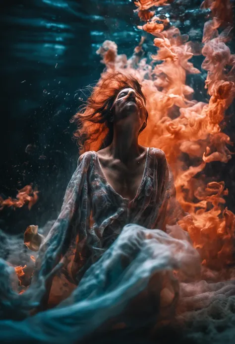 a cinematic photo of a terrified silk ghostly figure made of silk on fire underwater, sinking, surrounded by flowers, cinematic, volumetric lighting, light rays, bubbles, fire