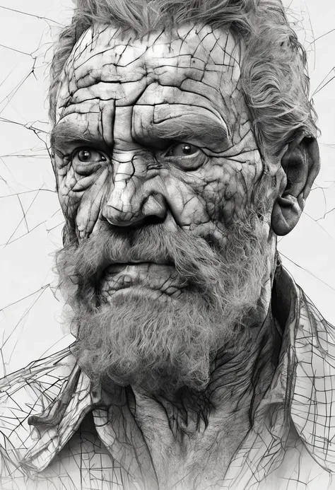 weathered, elderly man, deep creases, time-worn, weather-beaten, aged appearance, rugged jawline, thick salt-and-pepper beard, stubble, solitude etched on his face, contemplative expression, intense gaze, visible signs of a life well-lived, intricate netwo...