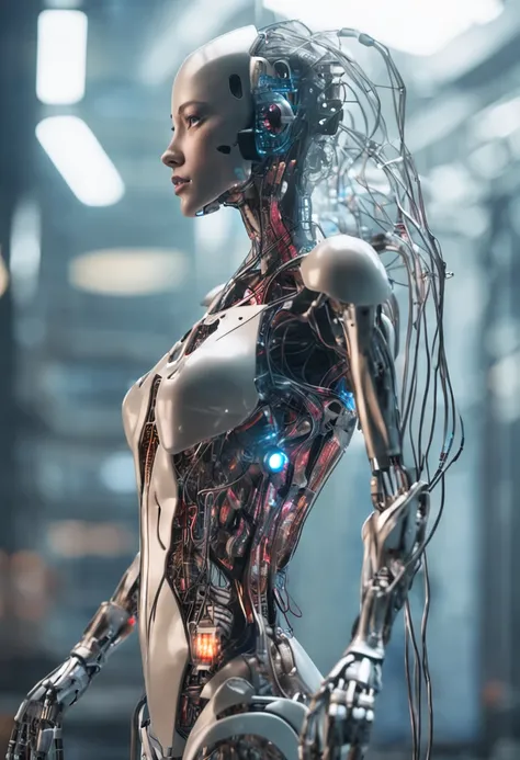 ((from side)), the ghost of the human spirit seeping from the heart of a robotic cyborg woman, holograms, transparent, machine parts, wires, circuitry, ADDBASE
((from side)), torso of a cybernetic robotic cyborg woman, a ghost emerging from her heart, eyes...