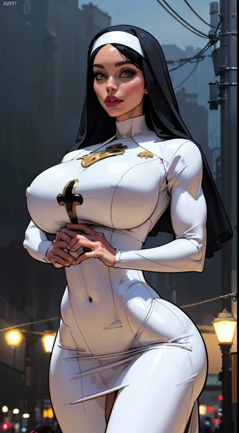 ((Cowboy shot:1.4)) 1 Same Girl , Perfect Beautiful , robot Face , ((android woman)),( metallic android , long black Hair , ((white Gothic Nun Dress)), Athletic Body , ((gigantic breasts:1.2)) Extreme Detailed Portrait With Bokeh Effect , Realistic Lightin...