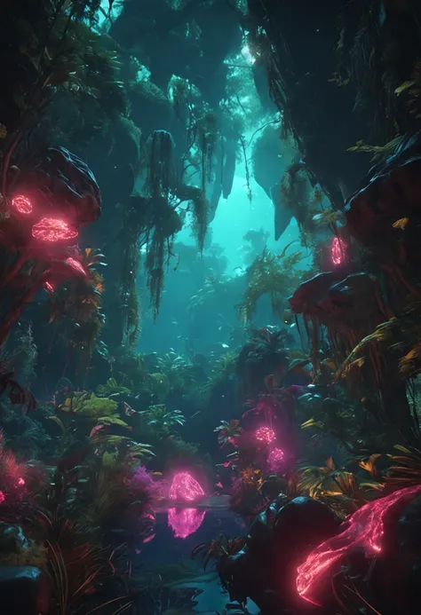 (masterpiece), (best quality), (HDR), 8k resolution,  A dense jungle, trees made of giant, glowing crystals, bioluminescent creatures roaming the undergrowth