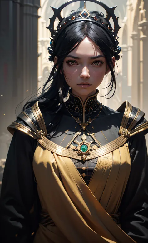 modelshoot style, (extremely detailed CG unity 8k wallpaper), full shot body photo of the most beautiful artwork in the world, medieval queen, green vale, dark skin, black woman, golden crown, diamonds, medieval architecture, professional majestic oil pain...