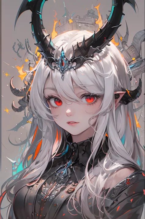 masterpiece, best quality, ultra-detailed, absurdres, colorful, 1girl, solo, (solid red eyes:1.0), (white hair, long hair, straight hair, hair over one eye:1.0), detailed eyes, wide-eyed, eyelashes, (upper body:0.8), monster girl, side view, glowing eyes, ...