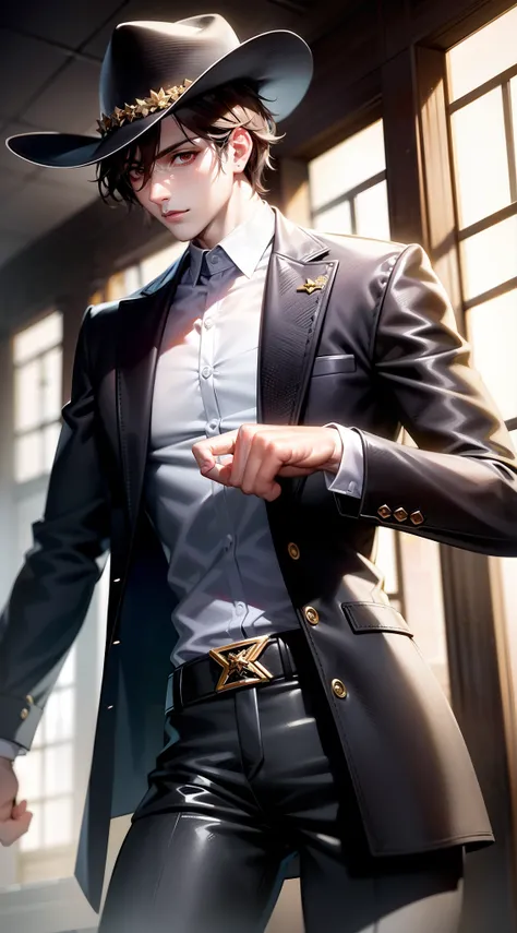 anime character with a cowboy hat and leather jacket, com camisa :: High detail, pose de anime bonito, Pose masculina, pose masculina heroica, arte do personagem masculino humano, homem bonito anime, jaqueta sobre tronco nu, muscular male hero, personagem ...