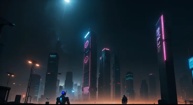 CIDADE CYBERPUNK, rosa e azul, night time, luz de cinema, overpopulation, Chovendo, 3D-rendering, 4k, fotorrealista, muitas pessoas andando, humanoid robot