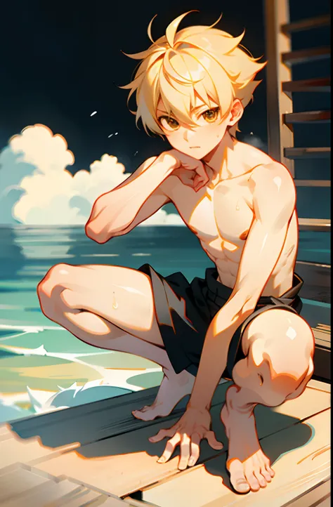 masterpiece, best quality, high quality,  1boy,10yo, , duo, male focus, full body, looking at viewer, light yellow hair, brown eye,spiky hairstyle, short hair, steam smork, japan style,  anime coloring, shy, home muji style, detailed face, topless, white t...