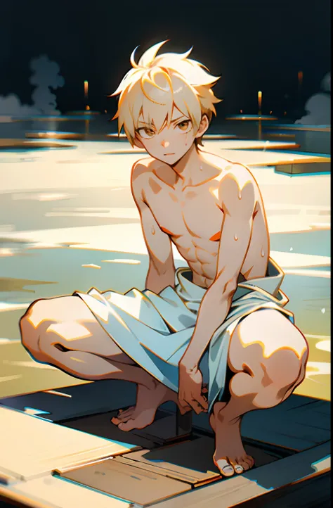 masterpiece, best quality, high quality,  1boy,10yo, , duo, male focus, full body, looking at viewer, light yellow hair, brown eye,spiky hairstyle, short hair, steam smork, japan style,  anime coloring, shy, home muji style, detailed face, topless, white t...