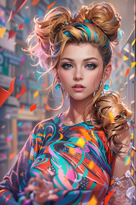 In a virtual world a lot of data is whizzing by in all directions, in the center of the image a very beautiful woman with a colorful hairstyle and a brightly colored jumpsuit looks at the world around her. (La mejor calidad)  obra maestra ((pechos muy gran...