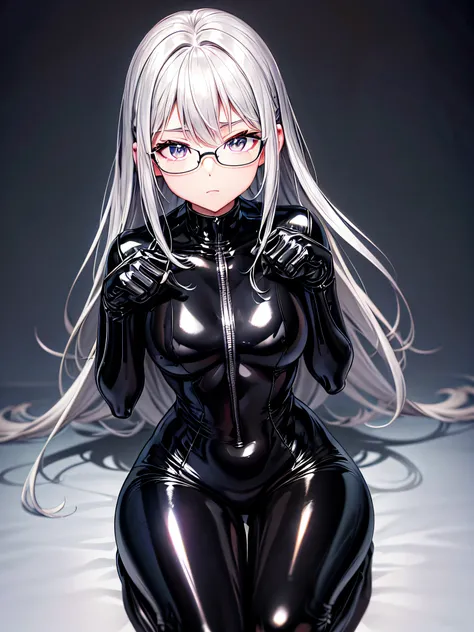 5 8K UHD、Silver-haired and small-nosed beauty in a black shiny black full-body rider suit wearing glasses squatting with her crotch wide open、Wearing a shiny black latex slider suit with hidden skin、Shiny black latex slider suit、Small-nosed beauty looking ...