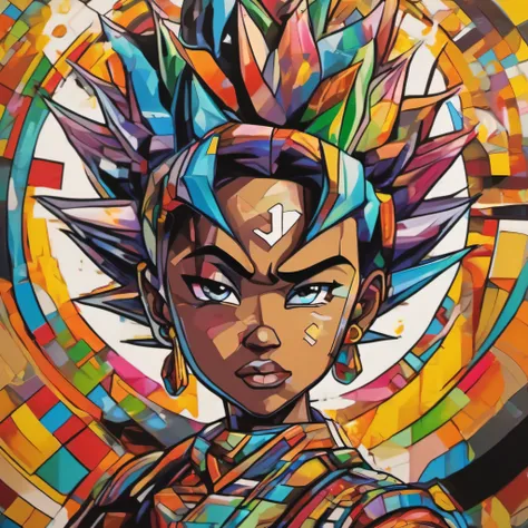 Dragon Ball Z, reelmech, Eduardo Kobra ,Romero Brito,The Filling Twins ,geometric wall ,keflass,vibrant colors and dynamic lines, art, Chibi,Yang08k, beautiful, Coloring ,(dark white aura:1.2,Primary works, superior quality) ,(her distinctive appearance an...