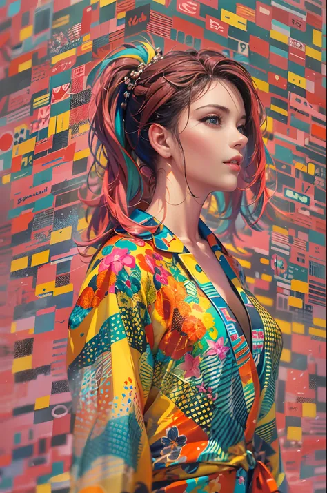 In a virtual world a lot of data is whizzing by in all directions, in the center of the image a very beautiful woman with a colorful hairstyle and a brightly colored jumpsuit looks at the world around her. (La mejor calidad)  obra maestra ((pechos muy gran...