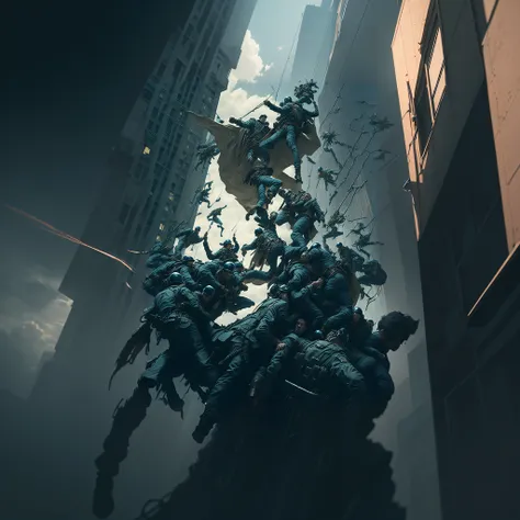 Los soldados vuelan en el aire cerca de una estatua de un hombre, Wojtek FUS, por Jeremy Geddes, Kinematic. por leng jun, Beeple y James Jean, inspirado por Jeremy Geddes, Greg Rutkowski. Kinematic, por Artur Tarnowski, Beeple y Jean Giraud, Ross Tran 8 K,...