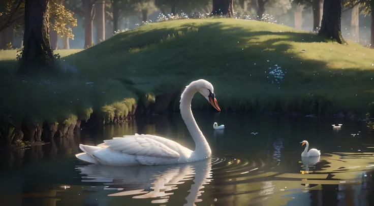 There is a white swan swimming in a pond, cisne, peaceful and graceful, raio v, natural realistic render, Disney fotorrealista, Cisnes, global ilumination. VFX, beautiful composition, Aquarela altamente detalhada 8K, Aquarela altamente detalhada 8 K, Elega...