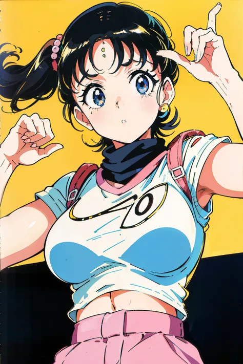 80s anime, 90s anime, retro, vintage 1girl, big tits, white top, arab, balaclava