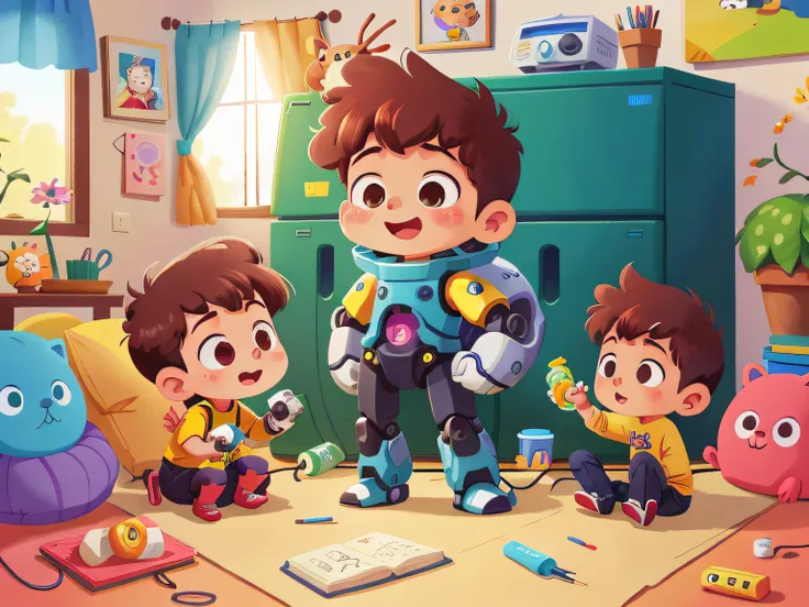 desenho animado, male childrens robot, brincando, feliz, com um menino e uma menina, childrens, em um quarto cheio de brinquedos, rendered in Ultra quality with 8K resolution.