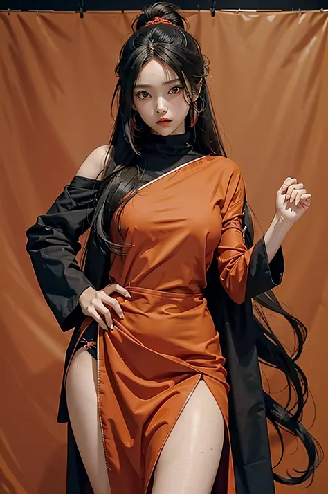 an anime female in black and coral orange posing, in the style of realist detail, red and bronze, undefined anatomy, 8k, hanging scroll, elegantly formal, blink-and-you-miss-it detail