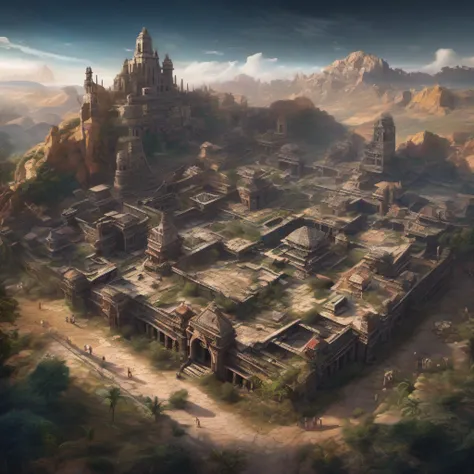 Maya, masterpiece, best quality, ultra-sharp, ultra-detailed, abandoned planet, abandoned the Earth, ghost town, ghost planet, no human background, ruined city, melt down, wide angle, from above, ((Traces of civilization existing there)),