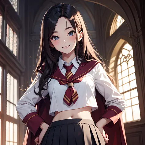 inside Hogwarts, adult, hogwarts school uniform, crop top, sexy, 18 years old, medium chest, cowboy shot, (long hair), smile, short skirt, school skirt