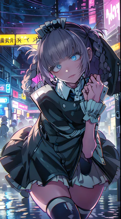 night, colorful cyberpunk city background, rain, street, maid girl, Nazuna Nanakusa,yofukashi no uta, blue eyes, shining eyes, black stockings, backlit, glow, looking up audience, low angle lens, looking up lens, perfect composition, perfect light and shad...