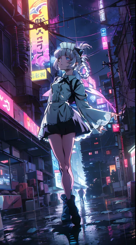 night, colorful cyberpunk city background, rain, street, maid girl, Nazuna Nanakusa,yofukashi no uta, blue eyes, shining eyes, black stockings, backlit, glow, looking up audience, low angle lens, looking up lens, perfect composition, perfect light and shad...