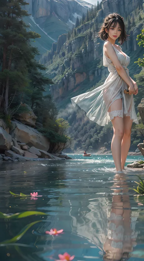 8k masterpiece, best quality: 1.2, A captivating scene unfolds on a mountain lake as a beautiful young Japanese girl sits opposite the POV in a rowboat. She exudes elegance in a short see-through chiffon summer dress that highlights her impressive breasts ...