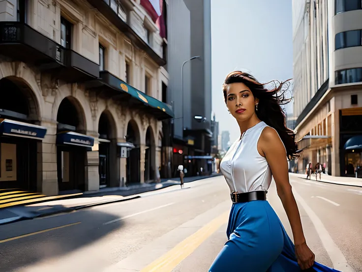 uma mulher em um vestido azul sendo escolhida,is walking down the street, Comic Pinup style, entregando pacotes para a Amazon, fuga de Nova York, menina militar, sobrevoando uma cidade densa, workers revolution, cartaz, surveillance, printf, (waitress) men...