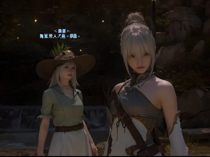 Two female characters in period costumes stand side by side, final fantasy 14 style, sharp detailed, Final Fantasy XIV, 2b,  The middle shot shows two characters, FFXI,