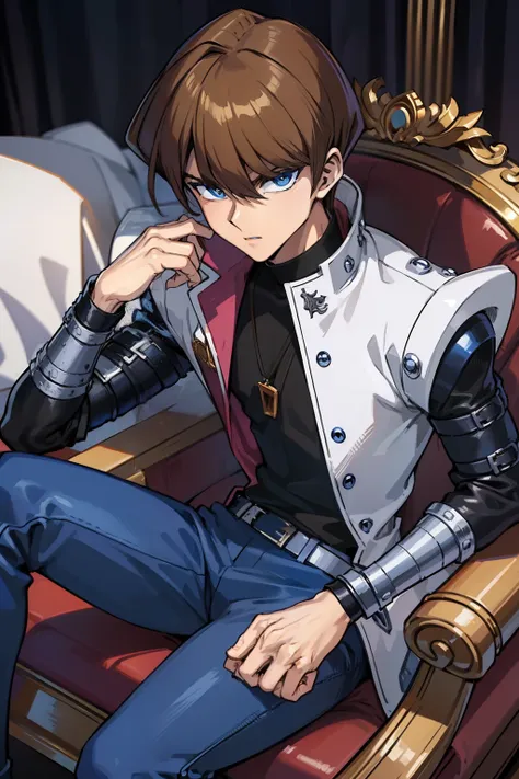 (masterpiece, best quality, ultra-detailed), 1boy, blue eyes, brown hair, sitting on a throne, man body, portrait shot, looking ...