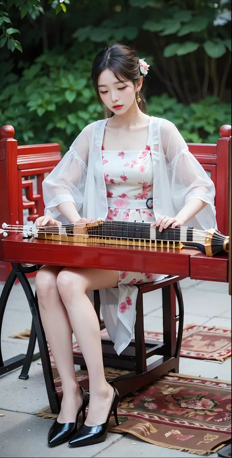 Woman sitting on bench playing an instrument in the park, Chinese traditional, Chinese girl, Chinese woman, 4 0 9 6, The music being played, With a harp, Inspired by Zheng Xie, is playing a lute, Chinese style, inspired by Gong Xian, xintong chen, gorgeous...