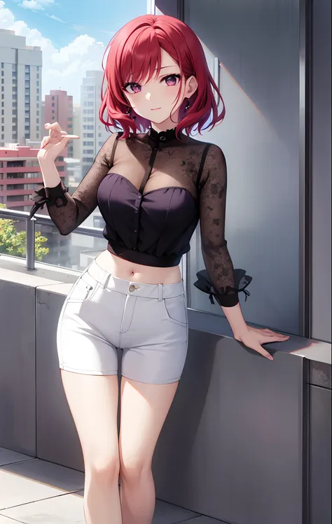 nishikino maki, purple eyes,((short red hair)), blouse, white pants, (midriff:0.8)balcony,(lips:0.7), llchar