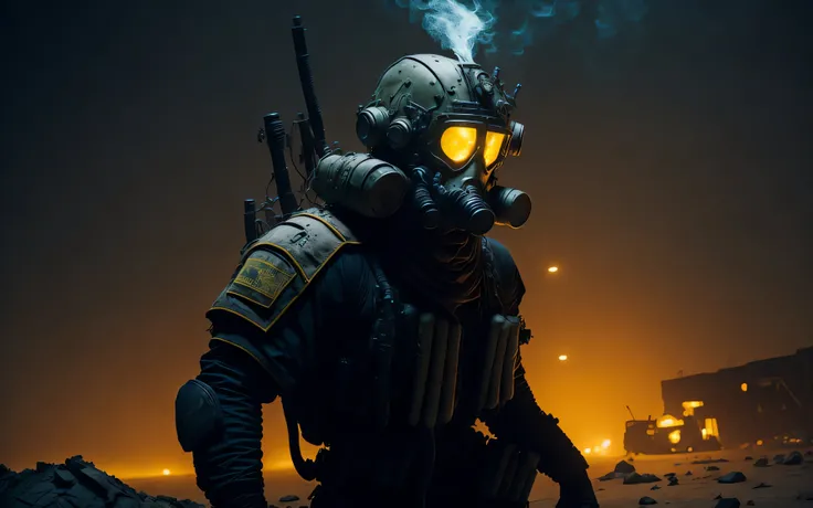 fallout new vegas, a man with sitting on the something, pipboy, tunnel, vault, (face mask:0.1), (breathing tube:0.5), headphone, german ww2 helmet with flashlight , burning fire, full body, polluted wasteland, foggy, volumatric lighting, neon light, Cinema...