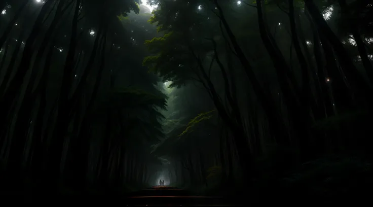 You are about to create a breathtaking image of a forest at night, envolta em neblina, with majestic trees and a cozy and sober atmosphere at the same time. Imagine yourself in the midst of a magical and enchanting scenery, onde a beleza da natureza se mis...