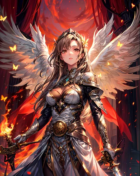 a woman with light brown hair and a holding a glowing sword in a forest, appears as the fire goddess, goddess of fire, the butterfly goddess of fire, fire goddess, with fiery golden wings, ((properly holding a beautiful glowing sword)),phoenix warrior, god...