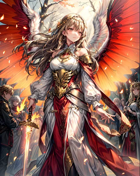 a woman with light brown hair and a holding a glowing sword in a forest, appears as the fire goddess, goddess of fire, the butterfly goddess of fire, fire goddess, with fiery golden wings, ((properly holding a beautiful glowing sword)),phoenix warrior, god...